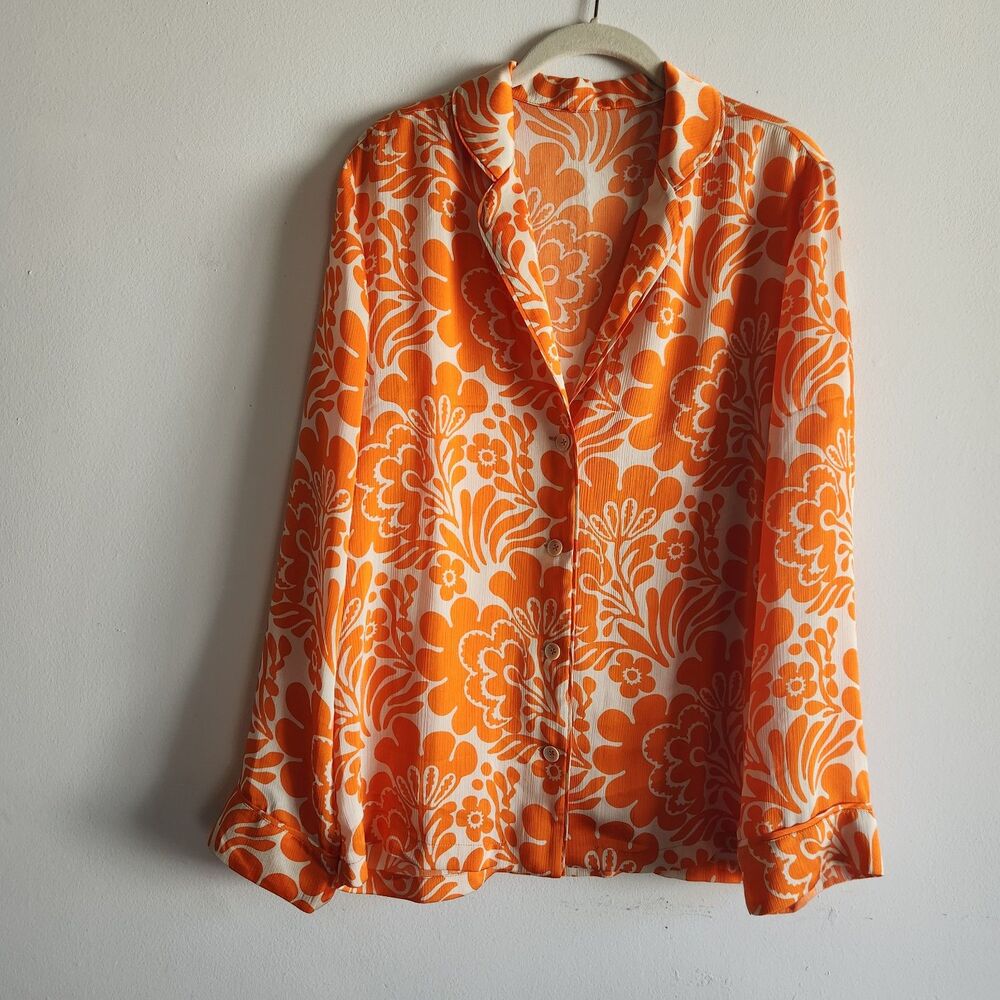 Alexis Long Sleeve Floral Printed Button Down Blouse Tangerine Orange Sz M boho